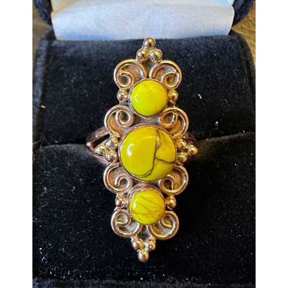 Yellow Honey Dahlia Turquoise 3 Stone Pure Copper Ring Size 9